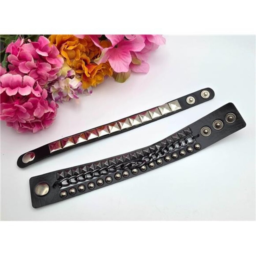 Yik Fung Set Of 2 Black Silver Tone Gunmetal Studded Leather Bracelets Adj. 7-8"